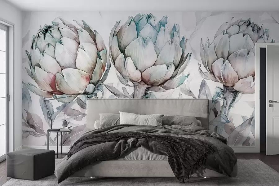 Fototapet Vacker kronärtskocka teckning, akvarellstil, mjuka färger w02482v1