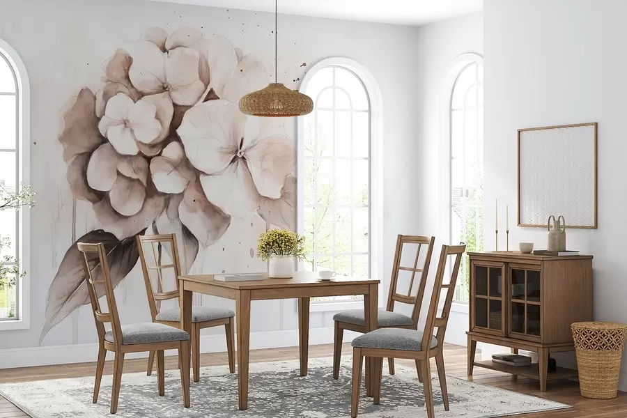 Fototapet Hortensia teckning, akvarellstil, beige färger w02483