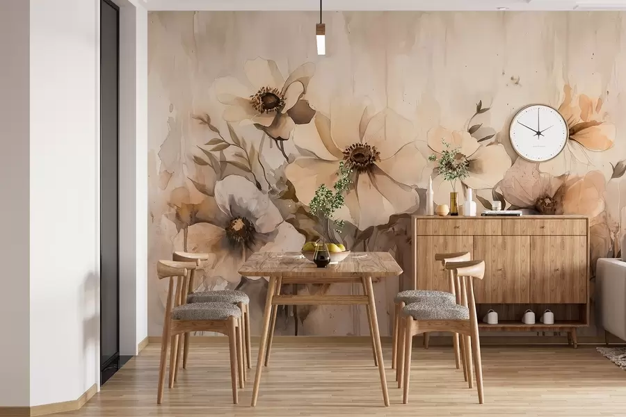 Fototapet Rustika blommor, teckning i akvarellstil, beige färger w02487