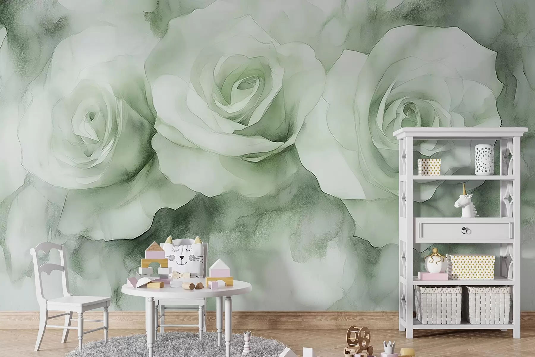 Fototapet Vackra rosor, akvarellstil, gröna färger, bohemiskt w02492v2