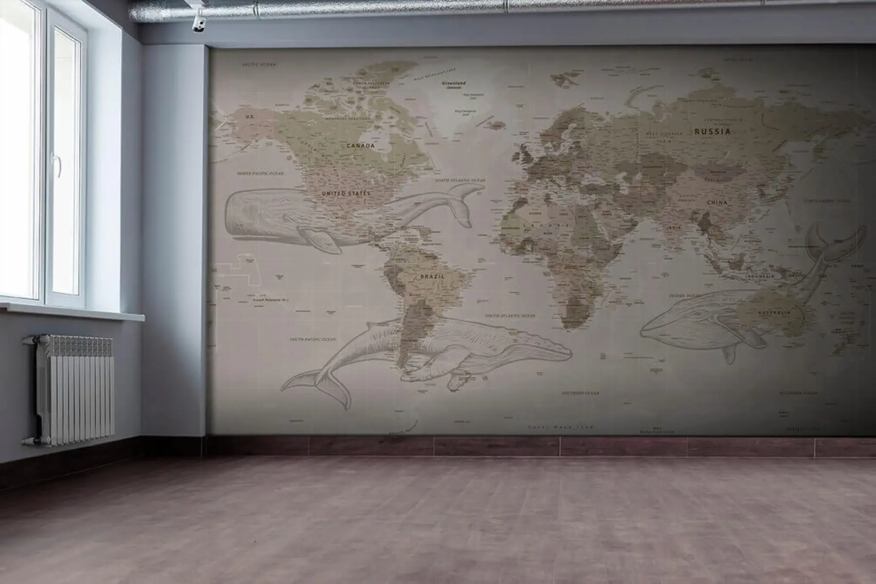 Fototapet Världskarta med valar u50449