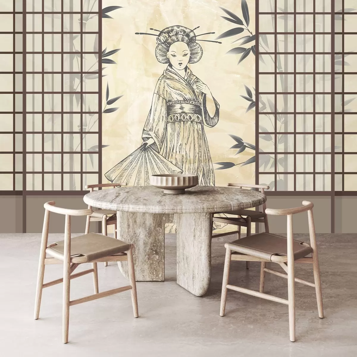 Fototapet Gammalt hus i asiatisk stil, flicka i traditionella kläder, körsbärsblommor, körsbärsblommor, Shoji w02535