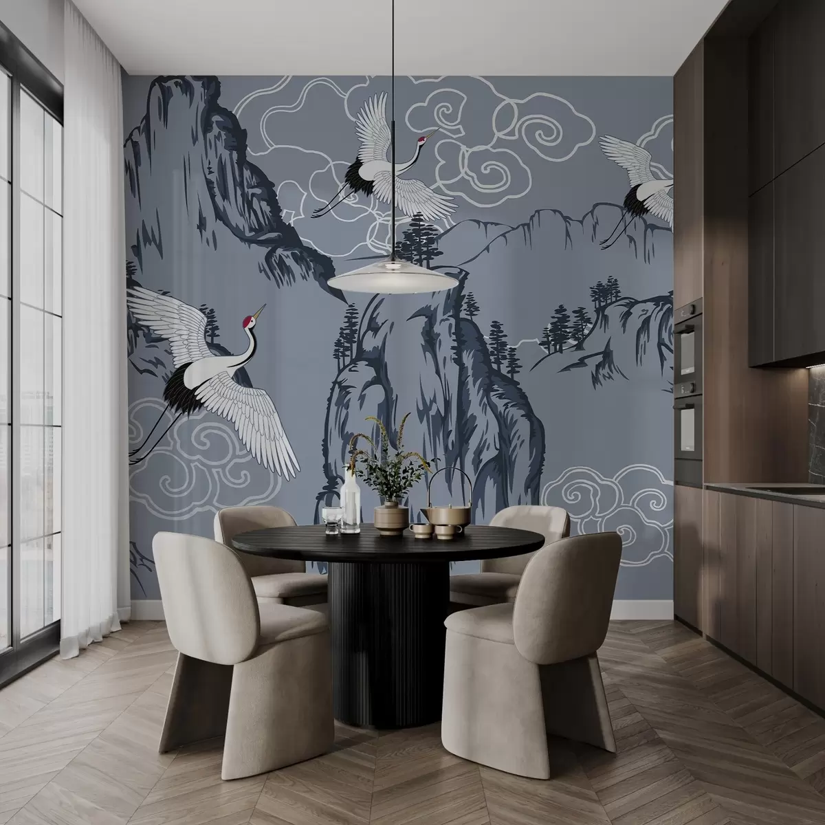 Fototapet Berg och tranor i japansk stil, i blå toner w02544