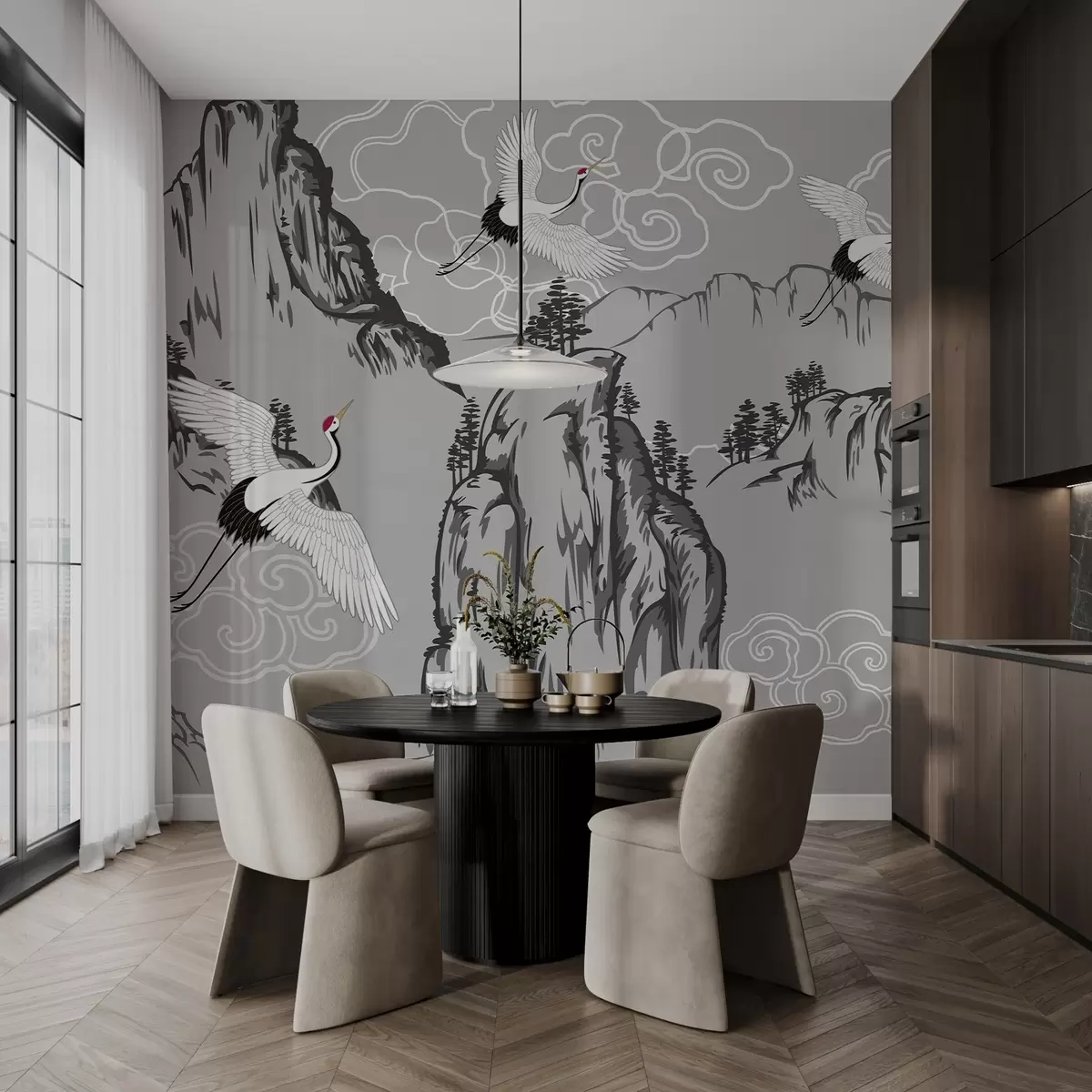 Fototapet Berg och tranor i japansk stil, i gråtoner w02544v1