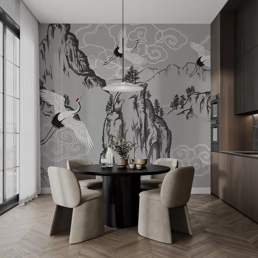 Fototapet Berg och tranor i japansk stil, i gråtoner w02544v1