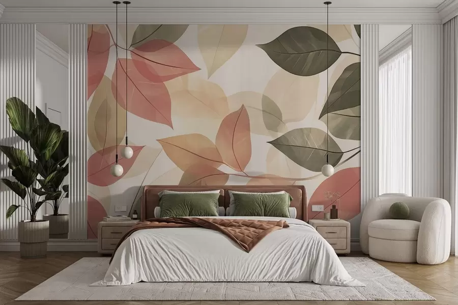 Fototapet Grenar av löv i röda och gröna toner w08502