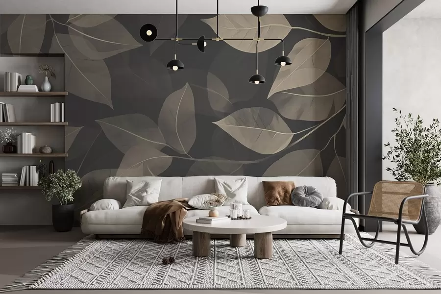 Fototapet Grenar av löv i blå och grå toner w08502v1