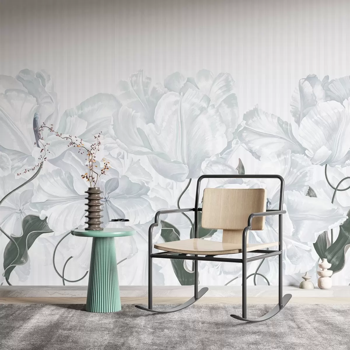 Fototapet skira grå blommor på en randig bakgrund w02565v1