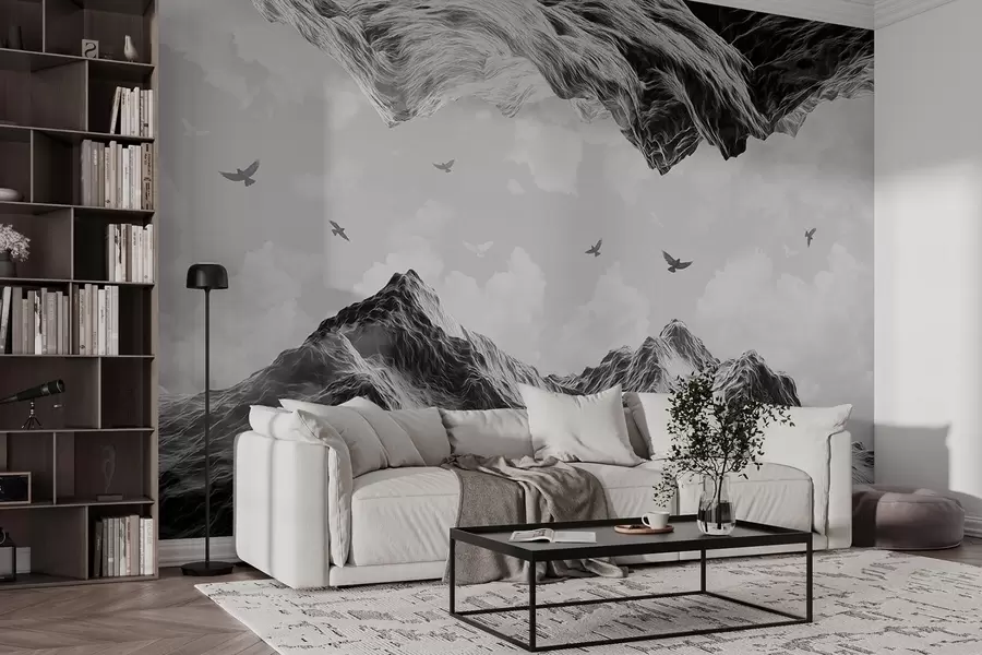Fototapet Berg landskap, realism, flygande fåglar, natur, moln, svartvita färger w02514