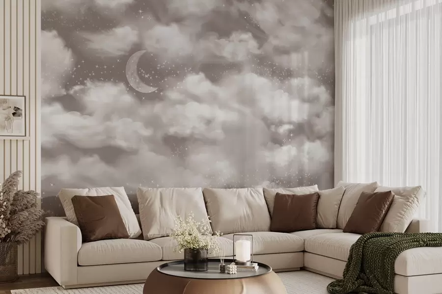 Fototapet Stjärnhimmel med måne och moln, drömsk, eterisk, mjuka beige färger w02515
