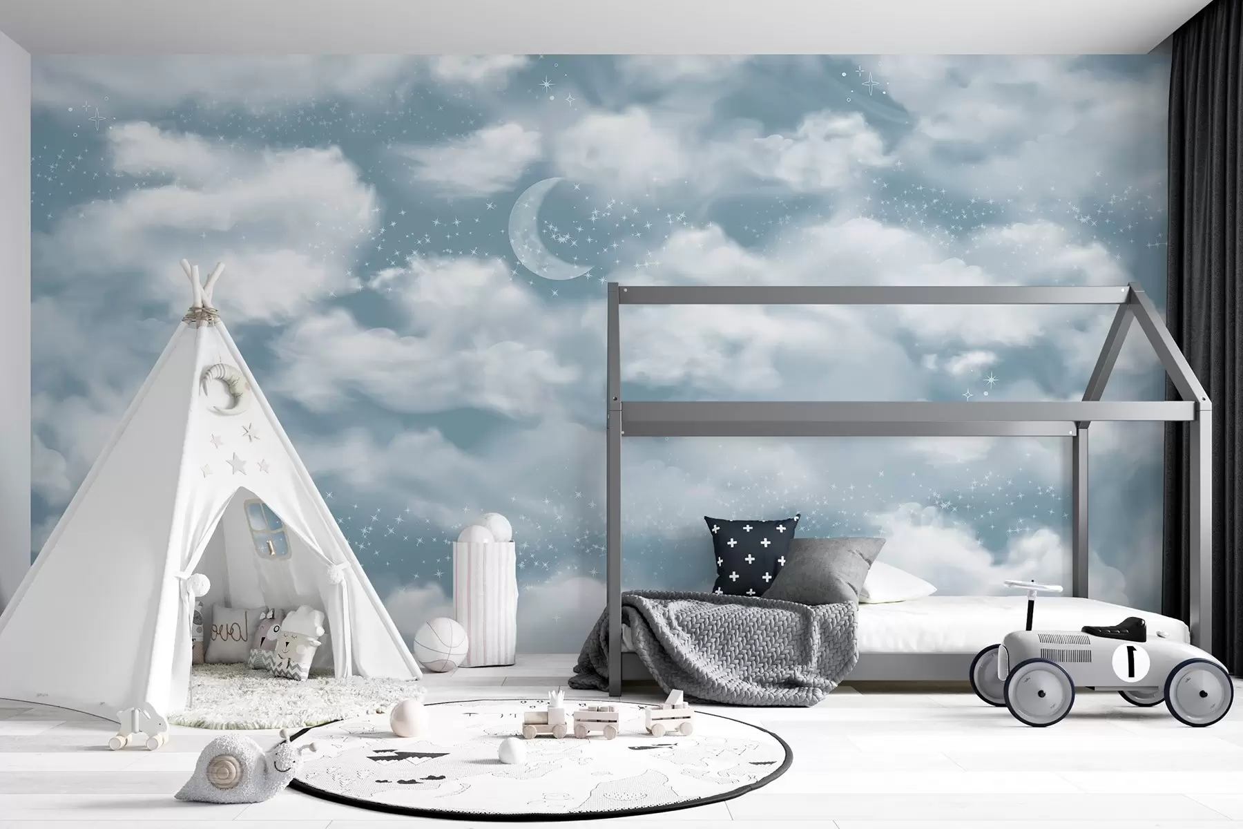 Fototapet Stjärnhimmel med måne och moln, drömsk, eterisk, mjuka blå färger w02515v1