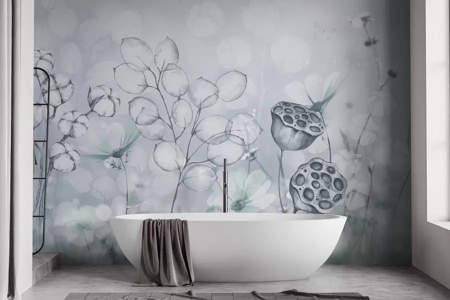 Fototapet Drömsk blomsterträdgård, fjäril, bomullsblommor, lotusblommor, grå färger w02516v2