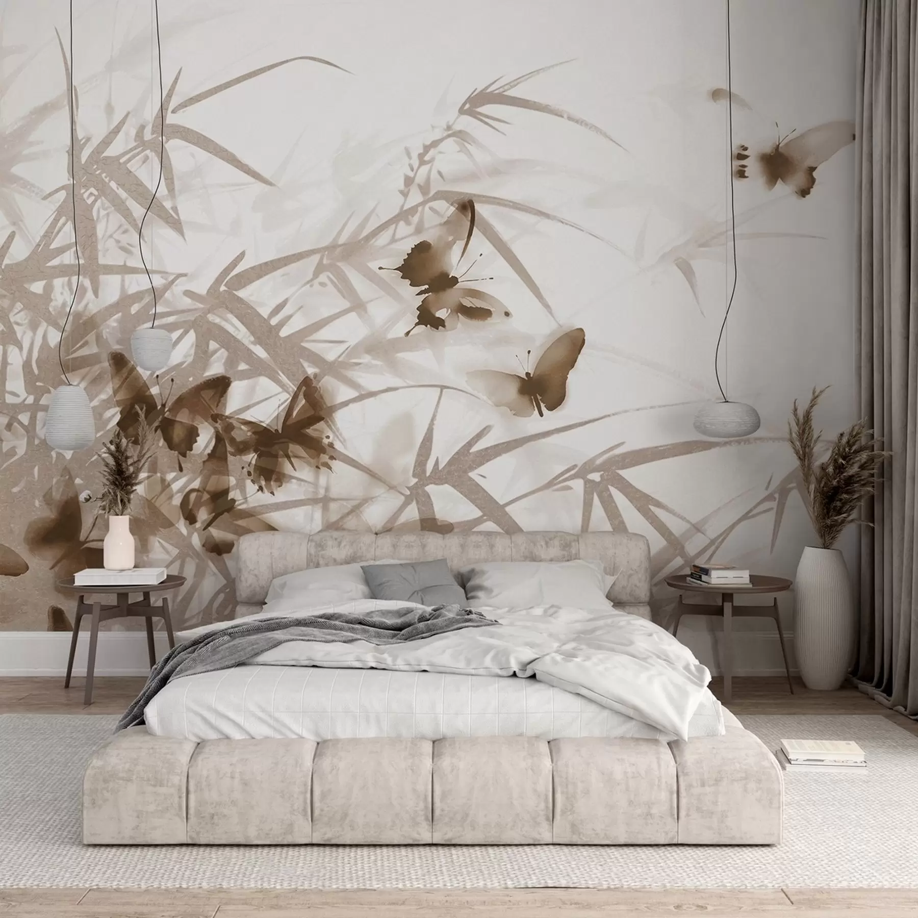 Fototapet Bambublad och -stjälkar med textur och flygande bruna fjärilar med genomskinliga vingar w08524v1