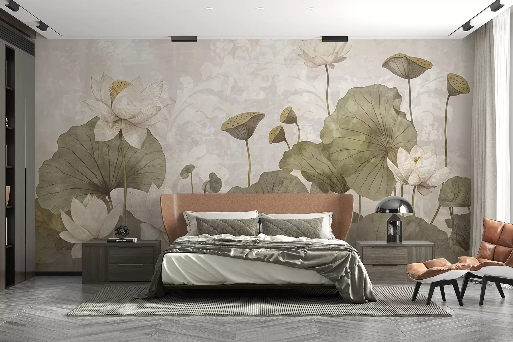 Fototapet Ett fält av vita lotusblommor med stora gröna blad mot en mjuk, disig beige bakgrund med textur w08527