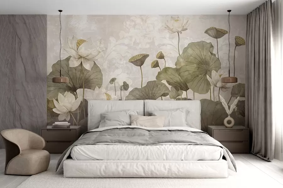 Fototapet Ett fält av vita lotusblommor med stora gröna blad mot en mjuk, disig beige bakgrund med textur w08527