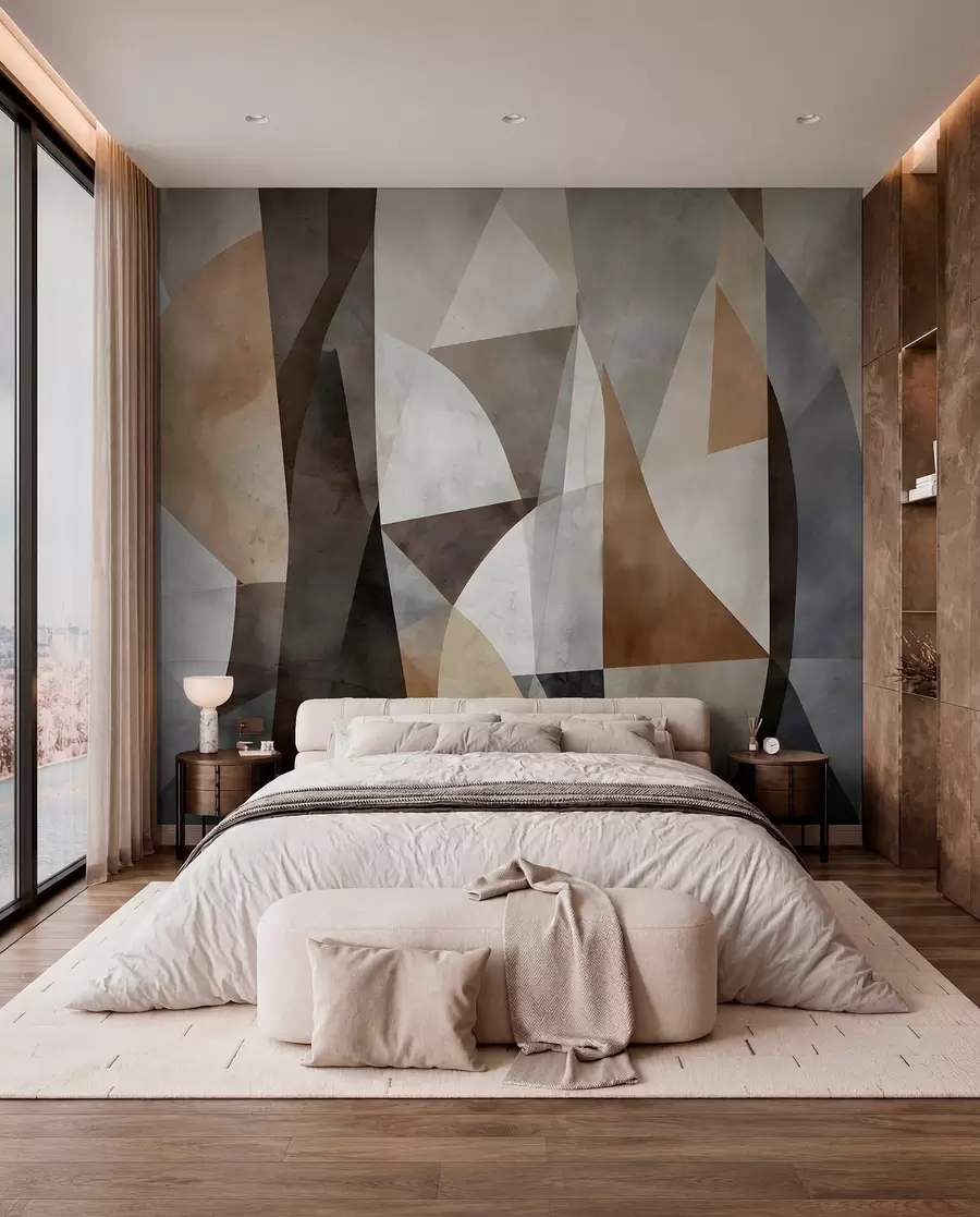 Fototapet Abstrakt modern konst med geometriska former i nyanser av brunt, grått och beige w08530