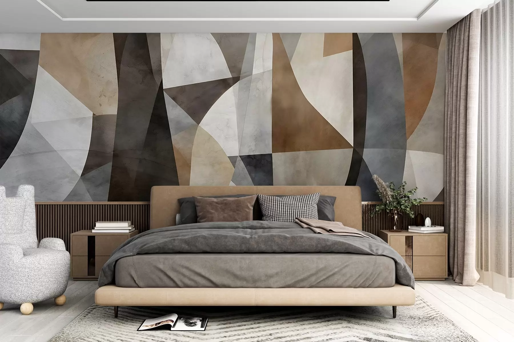 Fototapet Abstrakt modern konst med geometriska former i nyanser av brunt, grått och beige w08530