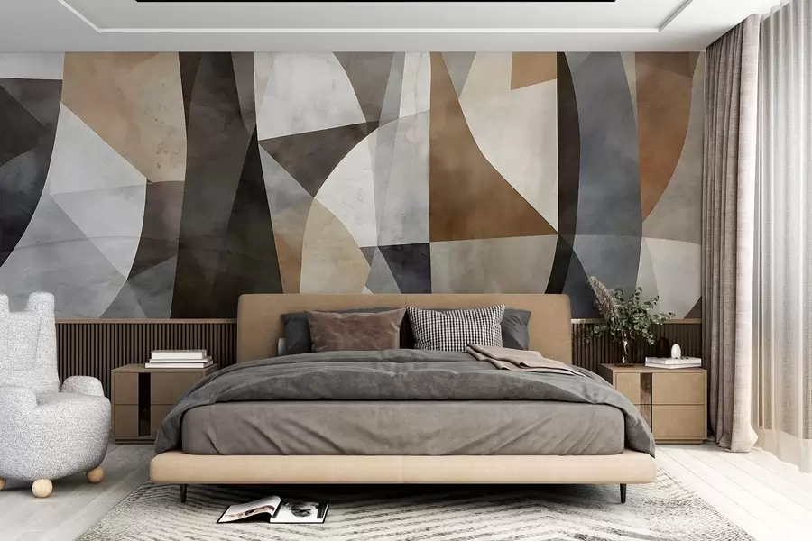 Fototapet Abstrakt modern konst med geometriska former i nyanser av brunt, grått och beige w08530