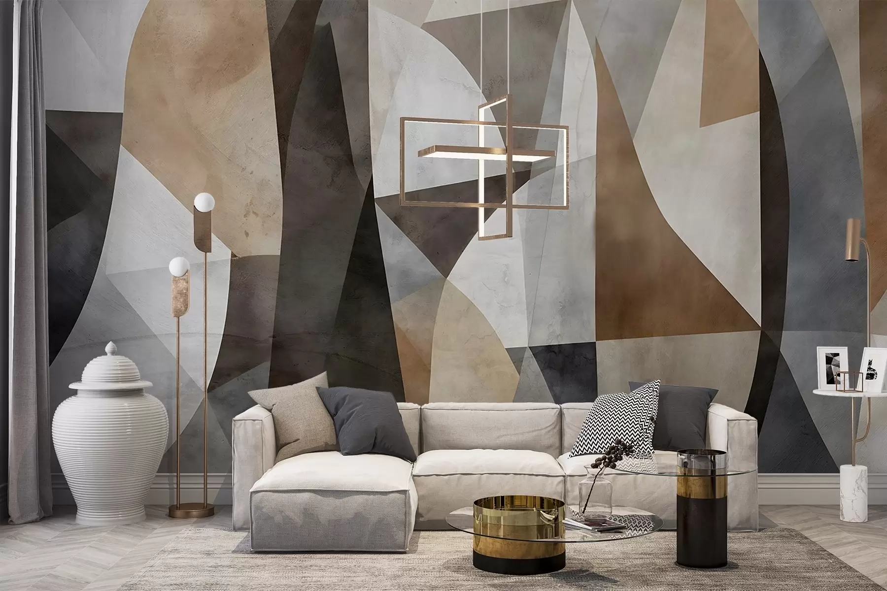 Fototapet Abstrakt modern konst med geometriska former i nyanser av brunt, grått och beige w08530