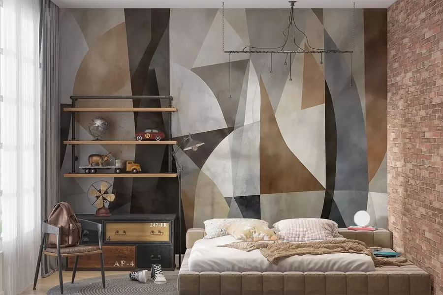 Fototapet Abstrakt modern konst med geometriska former i nyanser av brunt, grått och beige w08530