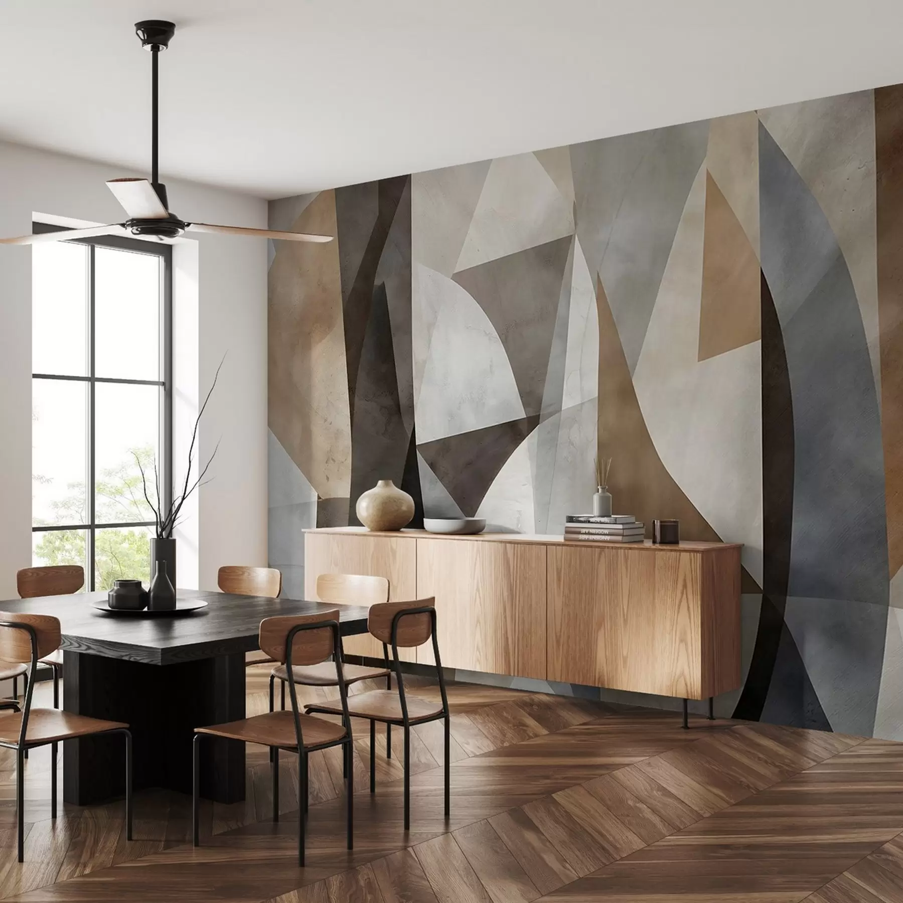 Fototapet Abstrakt modern konst med geometriska former i nyanser av brunt, grått och beige w08530