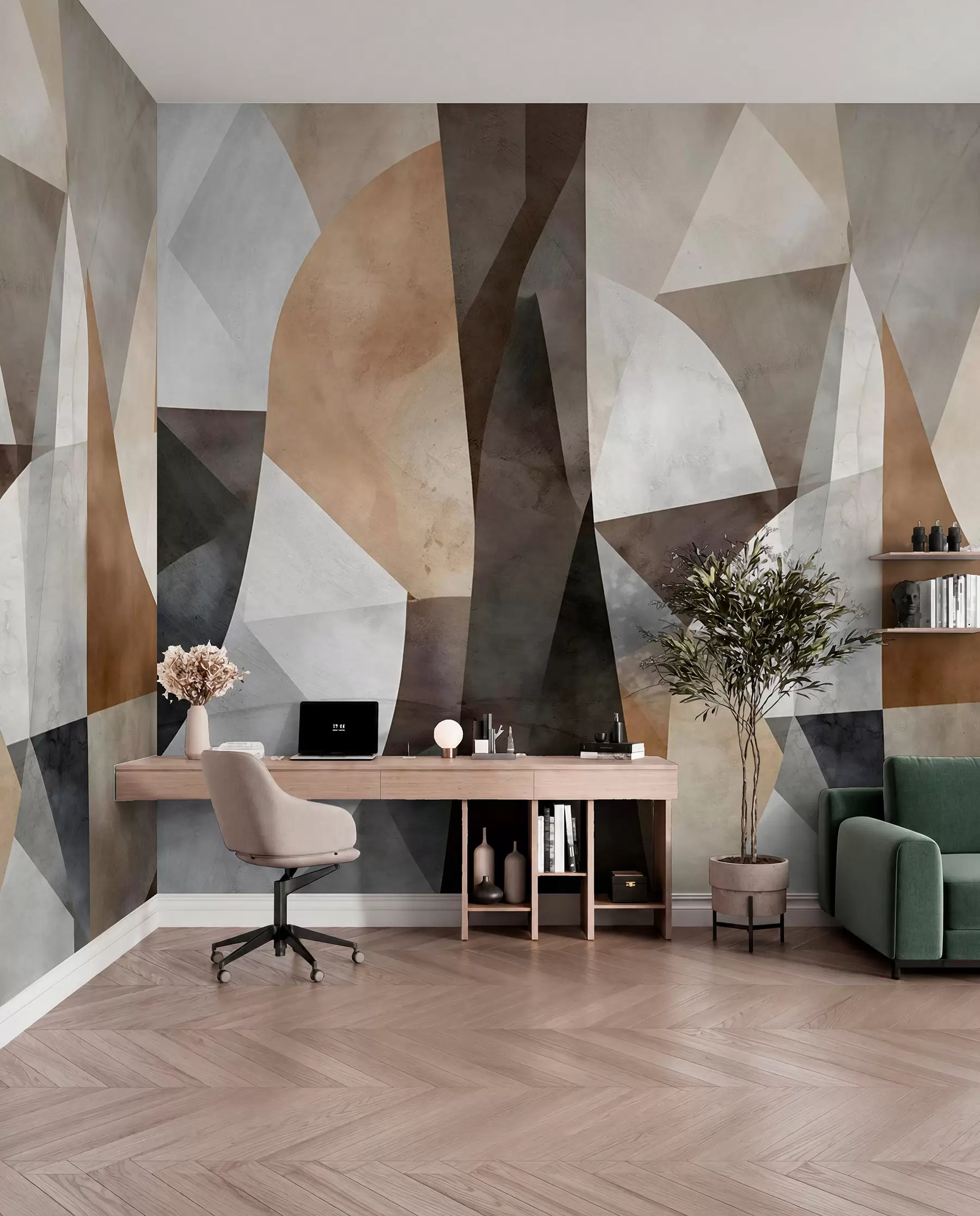 Fototapet Abstrakt modern konst med geometriska former i nyanser av brunt, grått och beige w08530