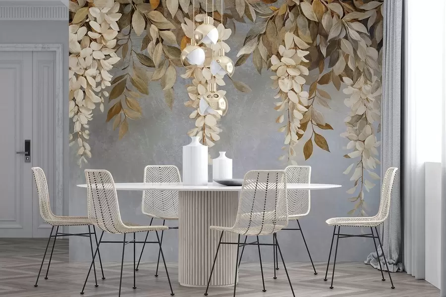 Fototapet Delikata vita och ljusbeige blåregnblommor med bladverk som faller ner mot en mjukt grå bakgrund w08531