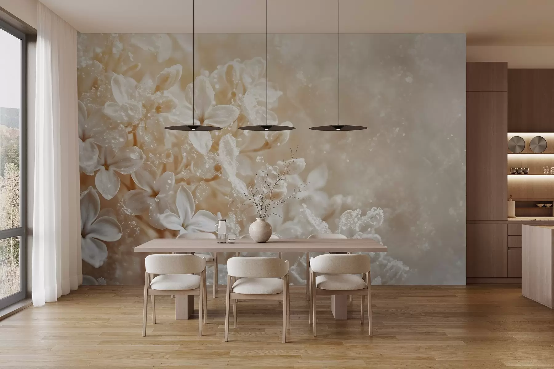 Fototapet Delikata vita lila blommor med mjuk, gul suddig bakgrund w08533