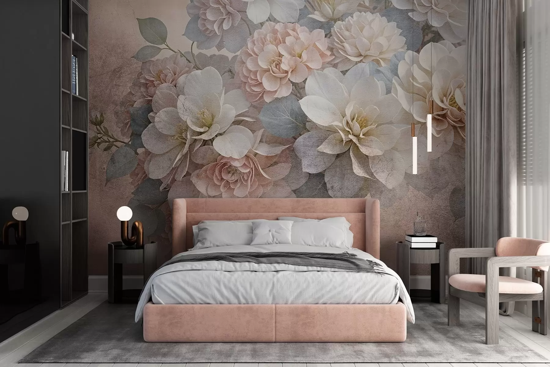 Fototapet Mjukt strukturmönster med persikofärgade och vita pionblommor med gröna blad på beige bakgrund w08534