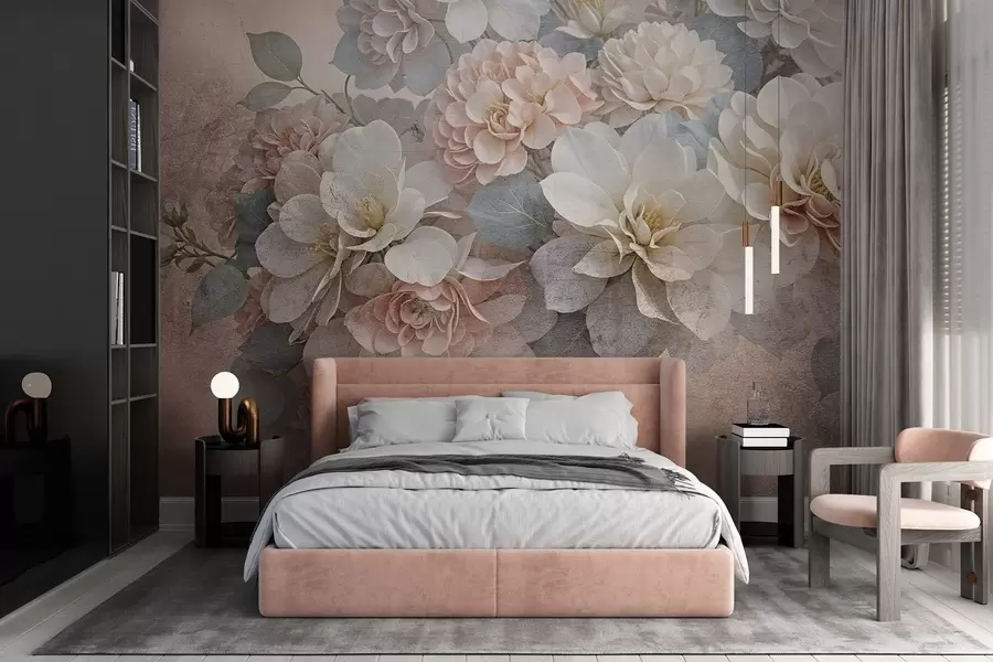 Fototapet Mjukt strukturmönster med persikofärgade och vita pionblommor med gröna blad på beige bakgrund w08534