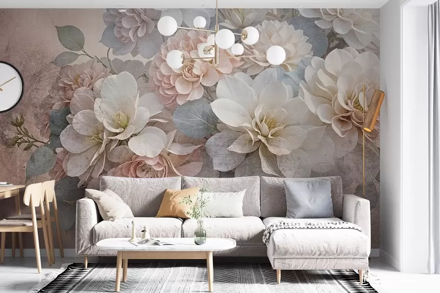 Fototapet Mjukt strukturmönster med persikofärgade och vita pionblommor med gröna blad på beige bakgrund w08534