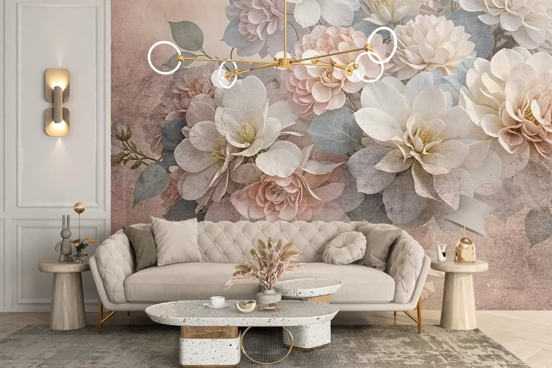 Fototapet Mjukt strukturmönster med persikofärgade och vita pionblommor med gröna blad på beige bakgrund w08534