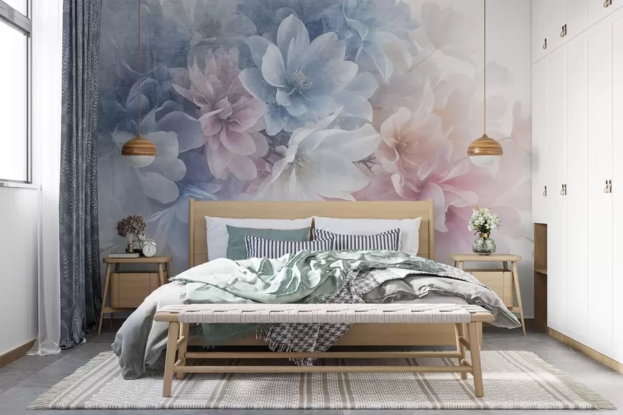 Fototapet Mjukt, pastellfärgat blomsterarrangemang med stora, skira blommor i nyanser av rosa, blått och vitt  w08535