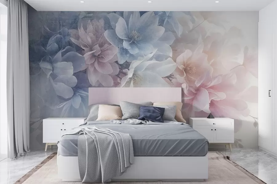 Fototapet Mjukt, pastellfärgat blomsterarrangemang med stora, skira blommor i nyanser av rosa, blått och vitt  w08535