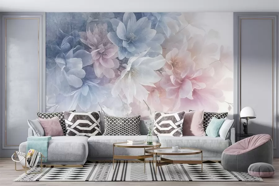 Fototapet Mjukt, pastellfärgat blomsterarrangemang med stora, skira blommor i nyanser av rosa, blått och vitt  w08535