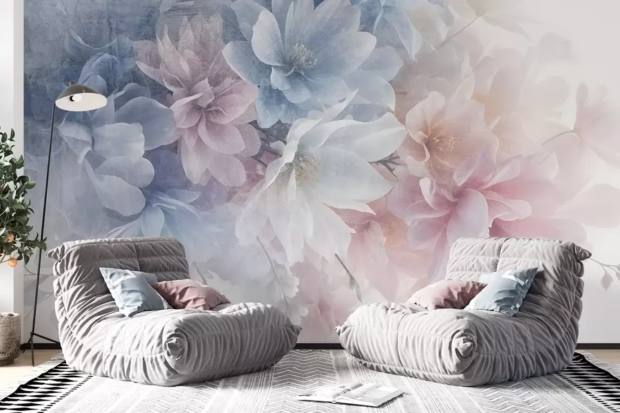 Fototapet Mjukt, pastellfärgat blomsterarrangemang med stora, skira blommor i nyanser av rosa, blått och vitt  w08535