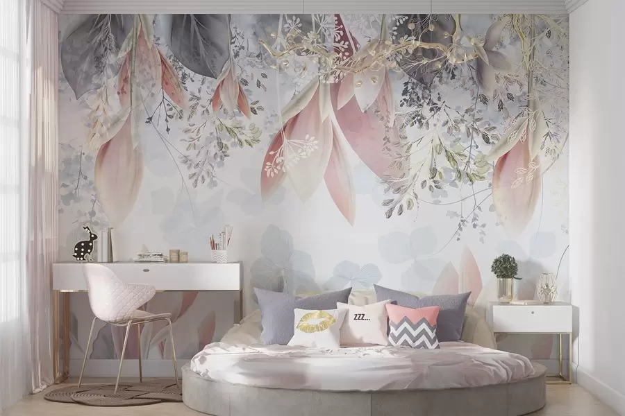 Fototapet Mjukt, pastellfärgat blomstertryck med skira kronblad och blad i rosa, vitt och grått w08538