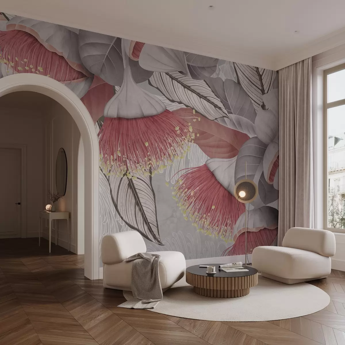 Fototapet Botanisk illustration av stora eucaliptusblommor med långa ståndare mot en grå och vit bakgrund w08539