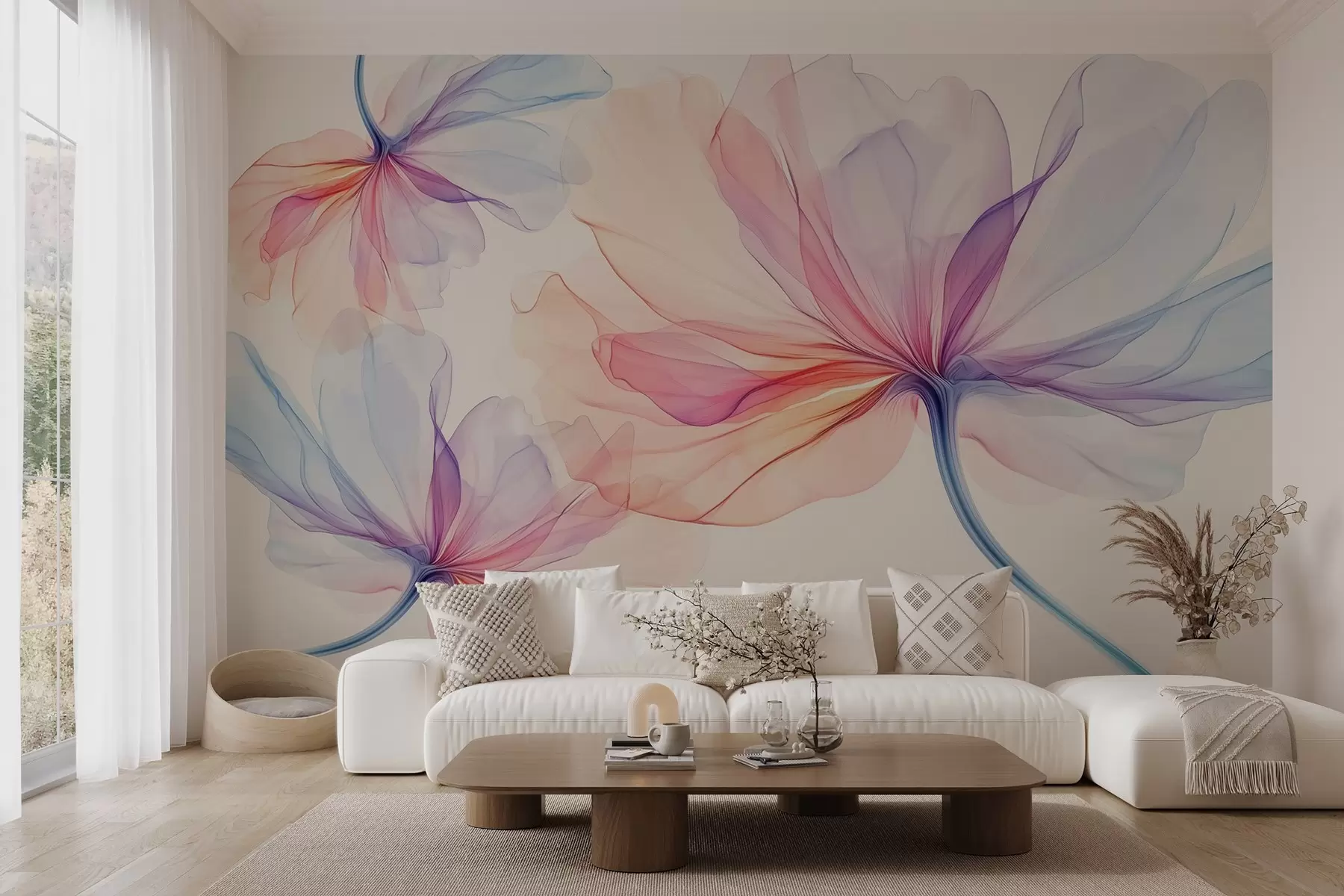 Fototapet färska transparenta färgade blommor på en beige bakgrund w02631