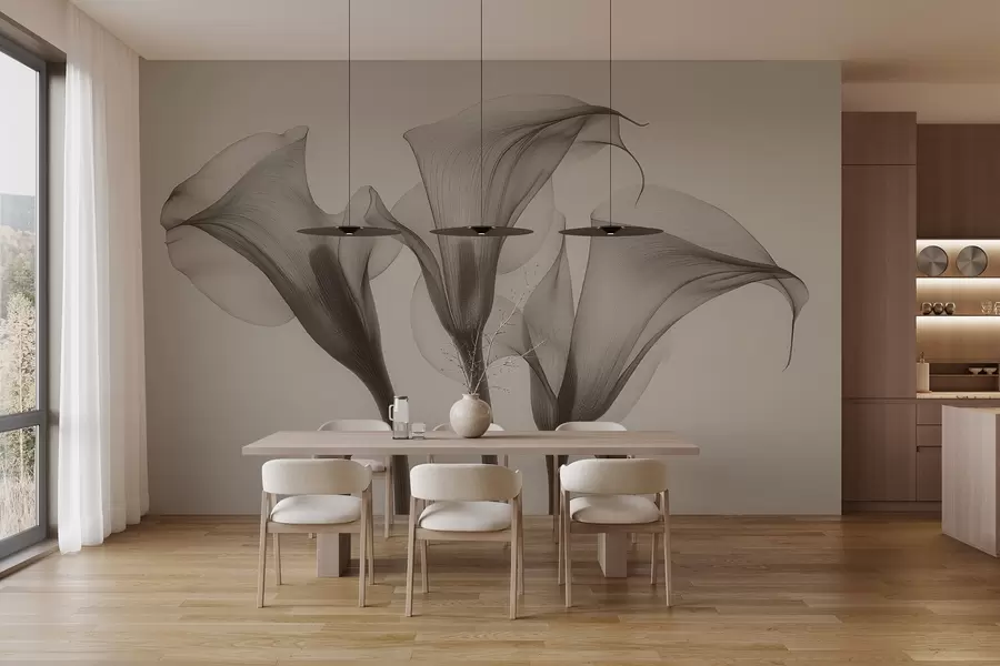 Fototapet luftiga transparenta Zantedeschia-blommor i beige toner  w02632