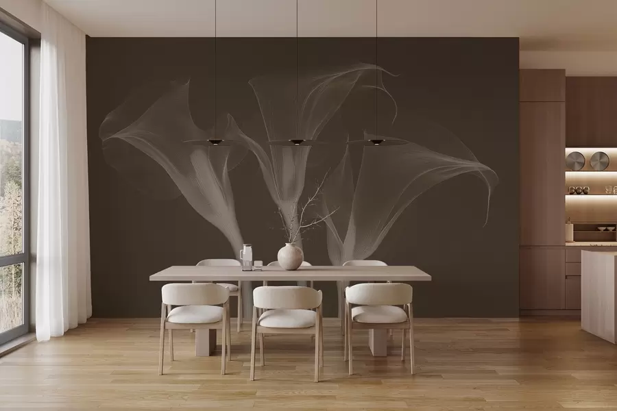 Fototapet luftiga transparenta Zantedeschia-blommor på en mörk bakgrund w02632v1