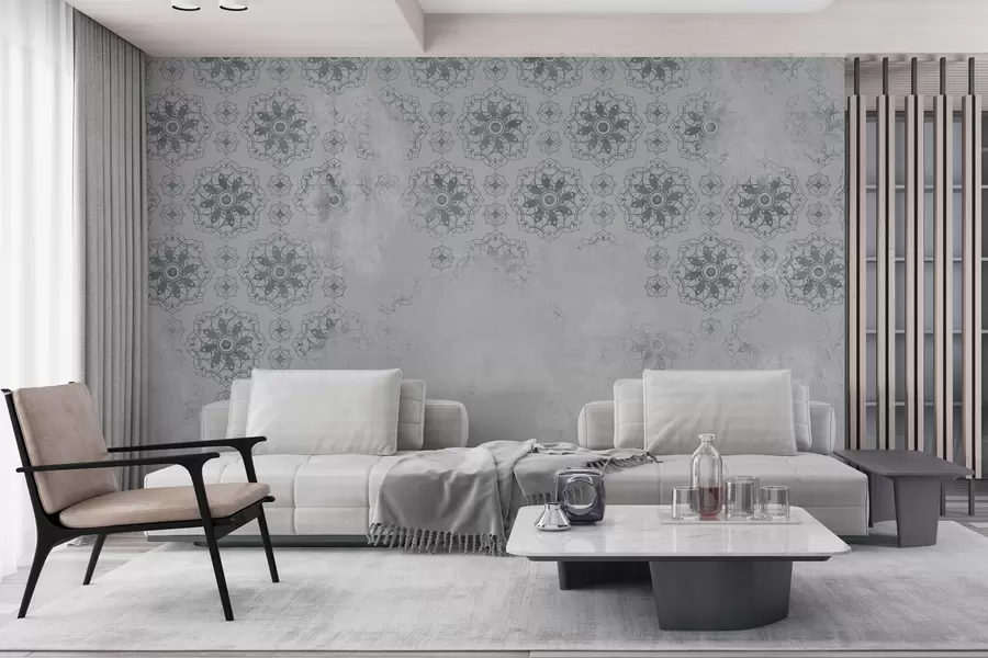 Fototapet Vintagedesign med mandalaelement och distressed effekt i ljusgrått w02551v2