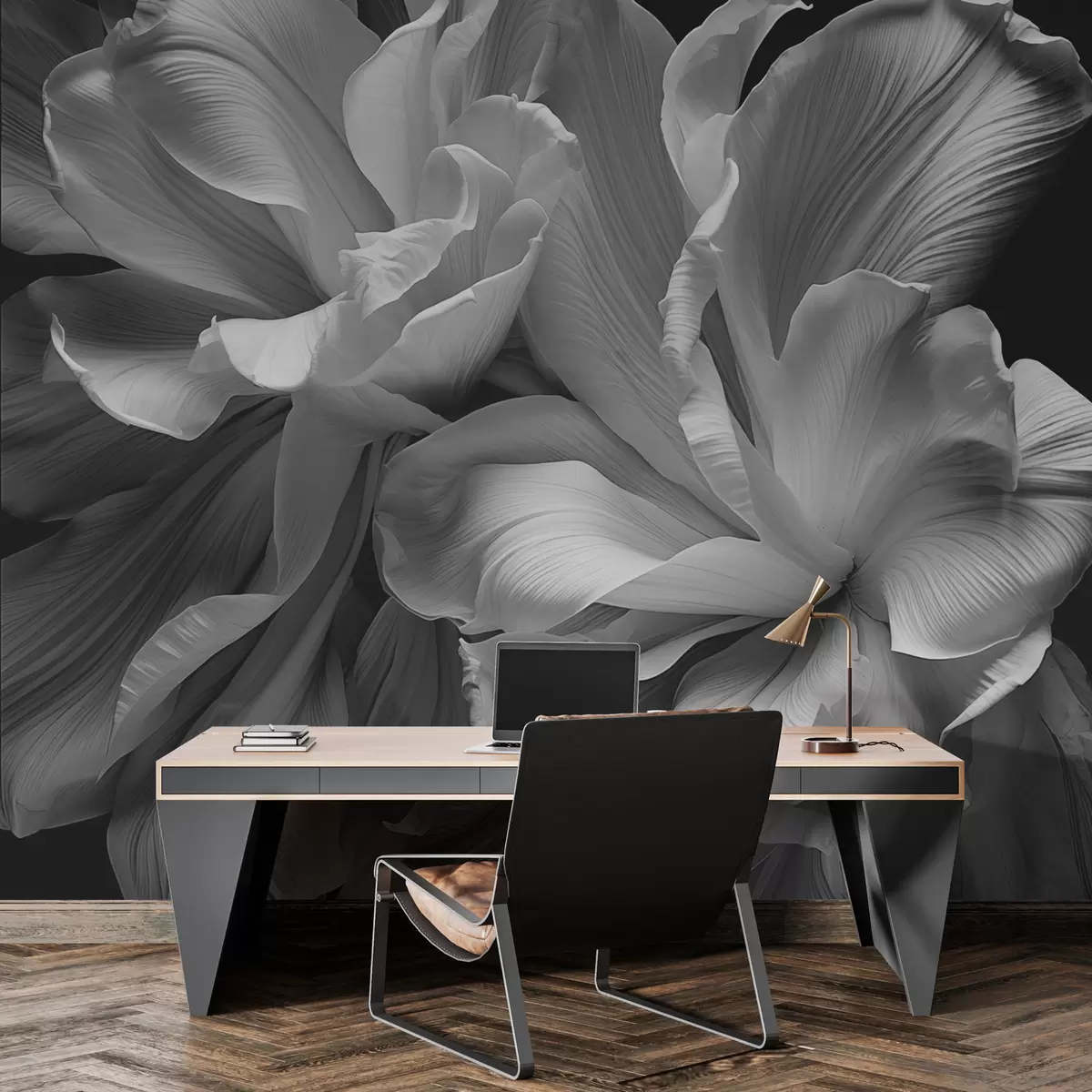 Fototapet Stora blomblad i svartvitt w02554