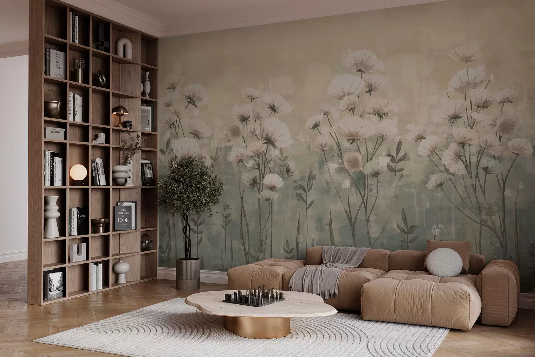 Fototapet Fina vildblommor med penseldragseffekt i gult och beige w02629v1