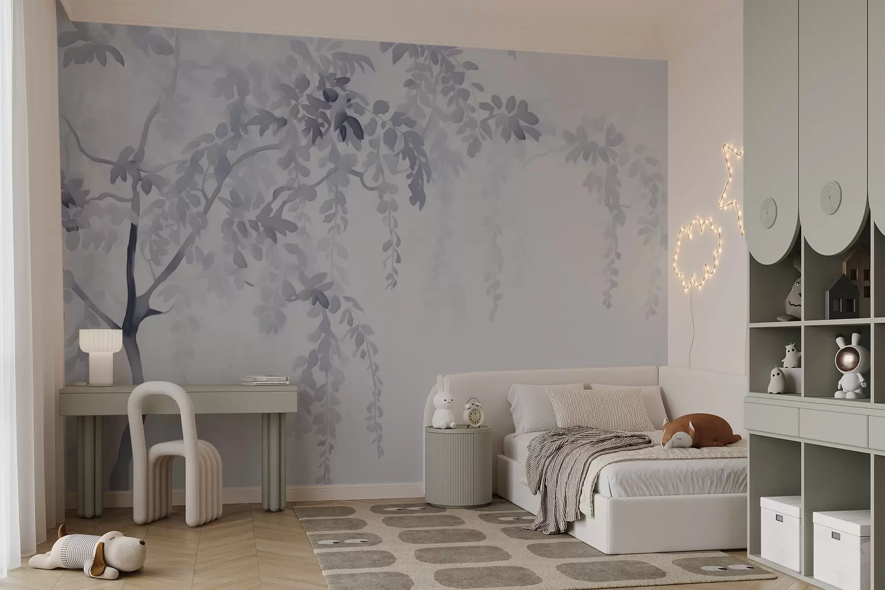 Fototapet Silhuett av akaciaträd med grenar och blad i akvarellstil w02635v1