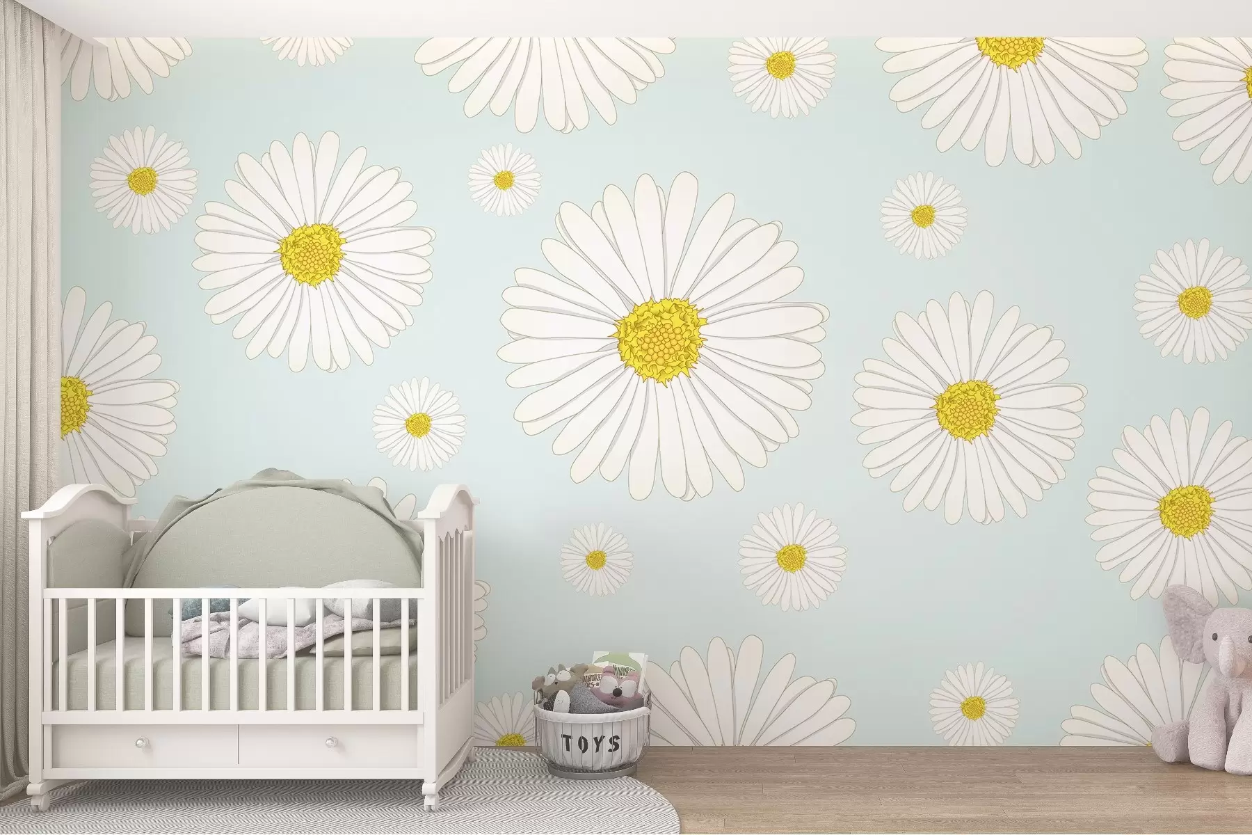 Fototapet Ljusa prästkragar på en blå bakgrund w02652