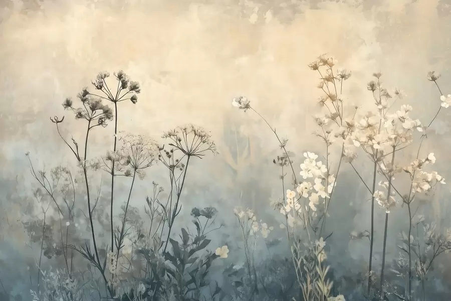 Fototapet tapet i ekostil med vildblommor och växter på en texturerad bakgrund w02685