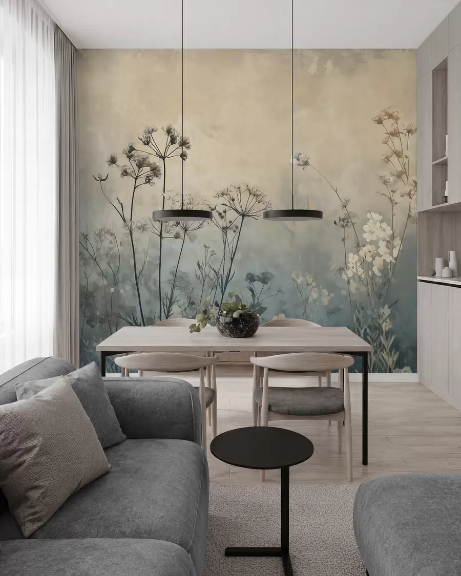 Fototapet tapet i ekostil med vildblommor och växter på en texturerad bakgrund w02685