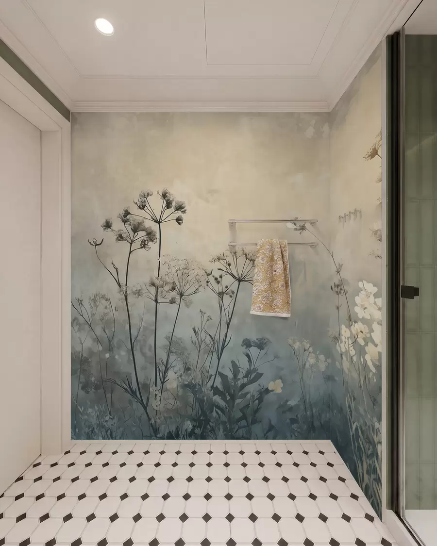 Fototapet tapet i ekostil med vildblommor och växter på en texturerad bakgrund w02685