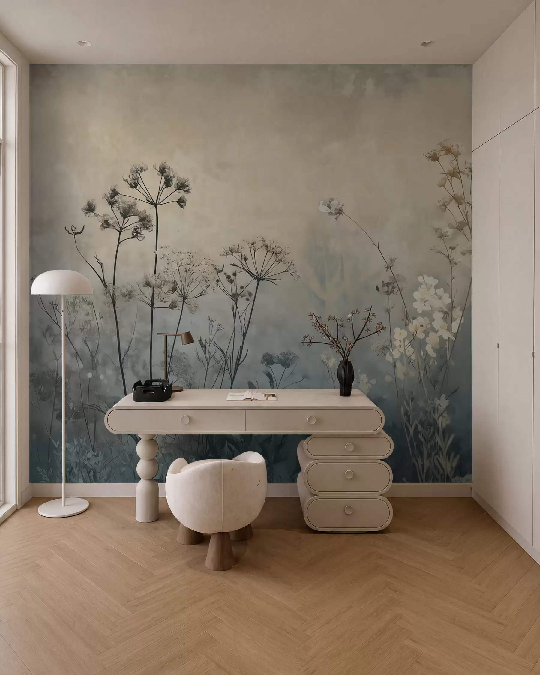 Fototapet tapet i ekostil med vildblommor och växter på en texturerad bakgrund w02685
